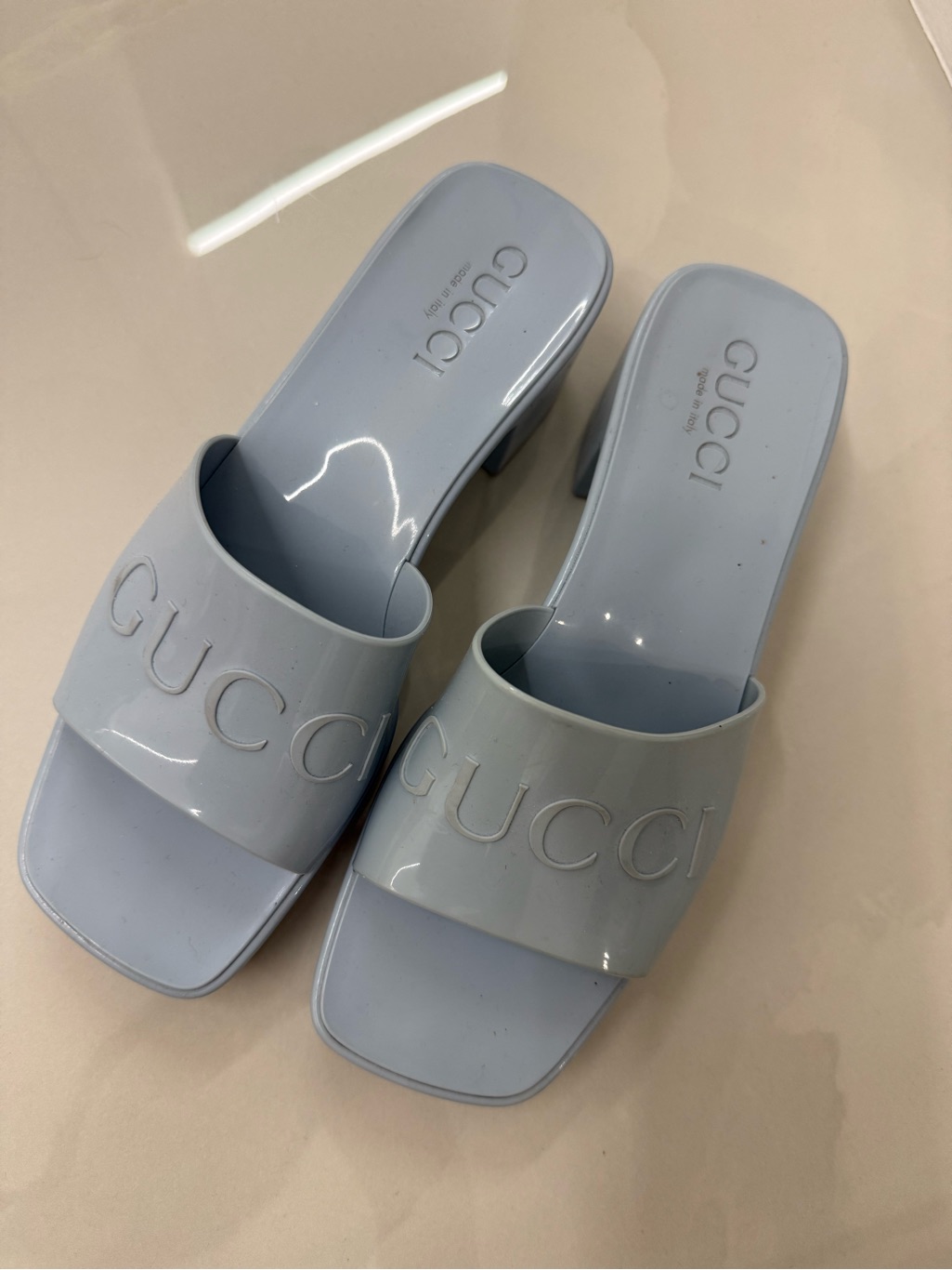 Gucci Baby Blue Patent Slide Mules